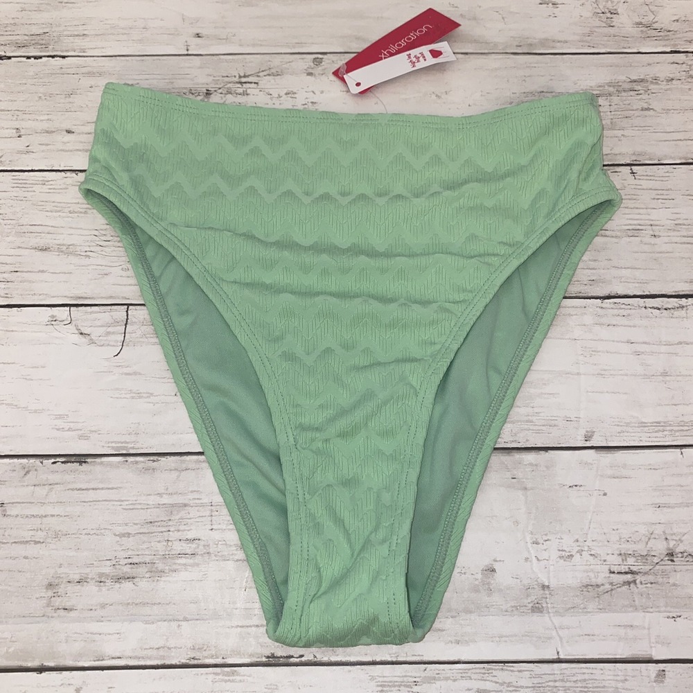Xhilaration‎ Bikini Bottom Womens M Green Chevron Textured High Waist Leg Swim M